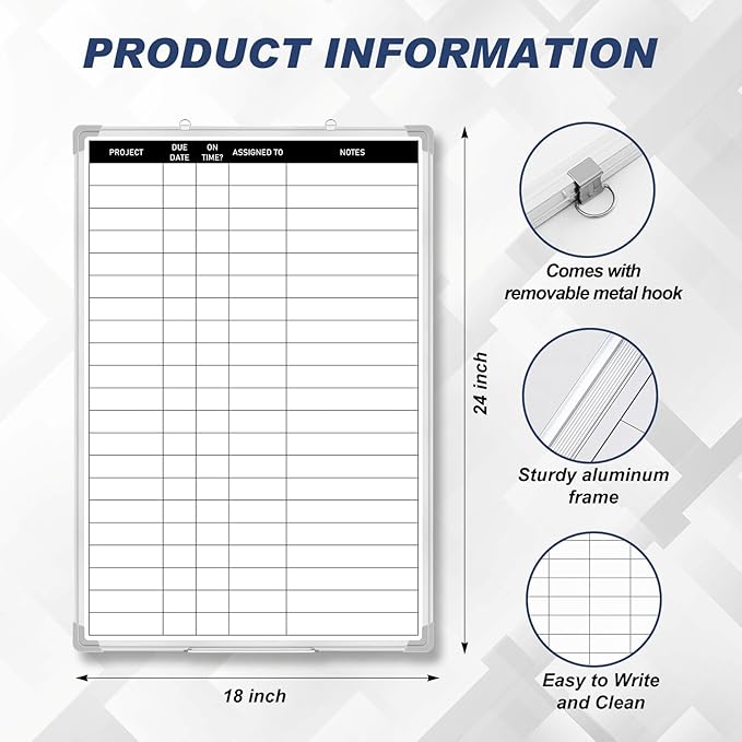 Lincia Aluminum Frame Dry Erase Board with Lines, Wall-Mounted Whiteboard for Scheduling, to Do Lists & Weekly Planning, Reusable Office Calendar for Home & Work (Project Planning Board,18"x24")