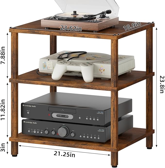 LELELINKY 3-Tier AV Media Player Stand Set of 2, Brown Stereo Cabinet, Wooden TV Stand,Game Console Shelf, Multifunctional Entertainment Center, Suitable for Home, Conference Room, Game Studio