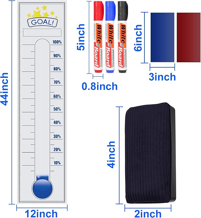 Fundraising Thermometer, 48"x12" Self-adhesive Chart Goal Tracker, With Removable Stickers And 3 Color Dry Erase Markers For School Fundraisers, Non-profit Events, Charity Drives, Community Projects