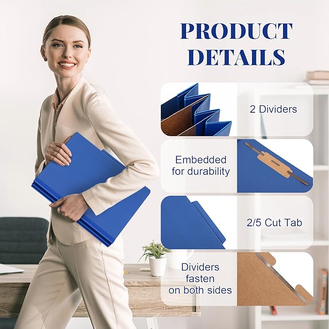 Skyygemm 60 Pcs Classification Folders Letter Size, 2 Divider Pressboard File Folders with 3. 5 Inch Expansion, 2 Prongs Fastener, Heavy Duty Office File Organizers for Teachers, Medical (Dark Blue)
