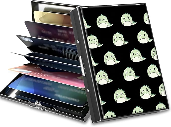 BWEGRHE Slim Credit Card Holder, Cute Dinosaurs RFID Blocking Metal Wallet for Men & Women, Aluminum Minimalist Hard Case Pocket-Sized Business Cards Organizer (Fits Up to 10 Cards)