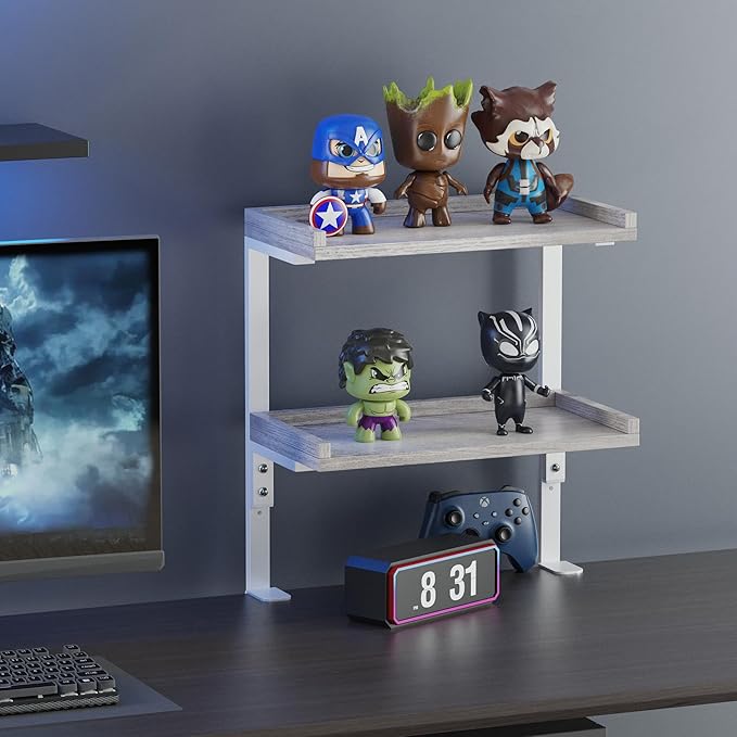 ART-GIFTREE Clamp On Desk Shelf 2-Tier, Wood Shelving Unit for Office Desk/Gaming Accessories, Tabletop Book Storage Rack, Shelf for Top of Desk, Grey