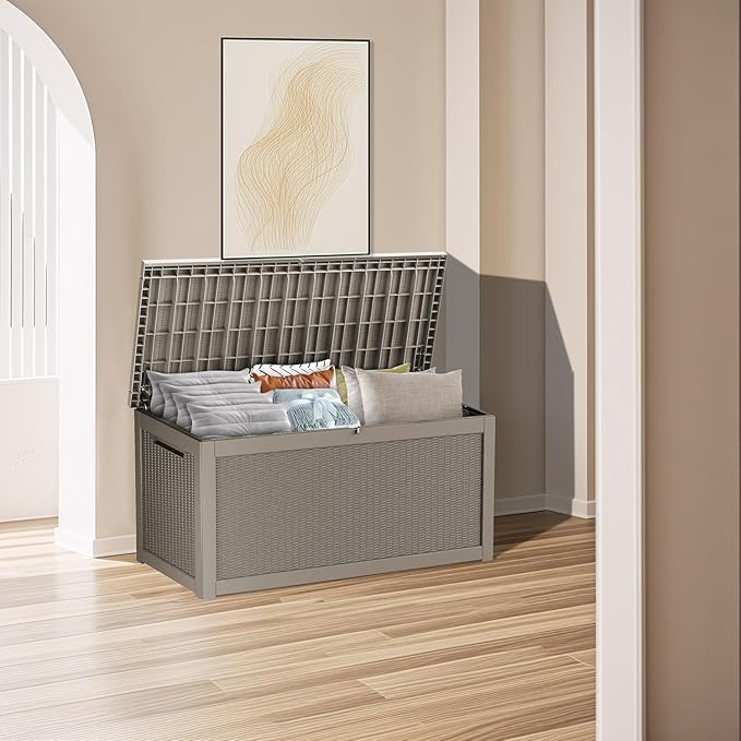 PATIOEASY Outdoor Storage Box 320GAL Waterproof Resin Deck Box,UV-Resistant Lockable Delivery Bin for Garden Tools,Large Patio Outside Cushions,Pool Accessories Supplies,Chest,Furniture,Package,Grey