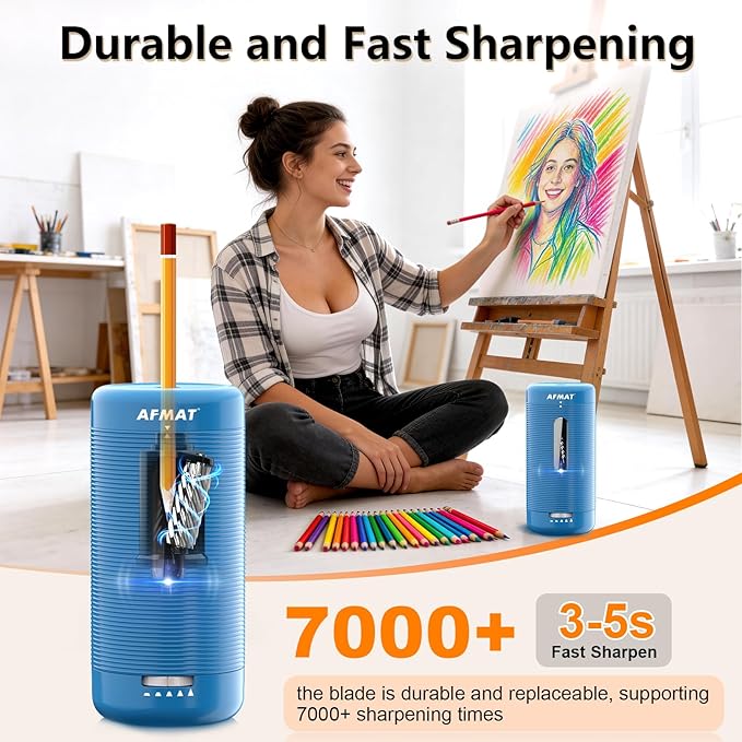 AFMAT Electric Pencil Sharpener, Fully Automatic Pencil Sharpener, Auto in & Out, Rechargeable Hands-Free Sharpeners for Jumbo & Colored Pencils (6.5-12mm), Portable for Home/Classroom/Office PSC2