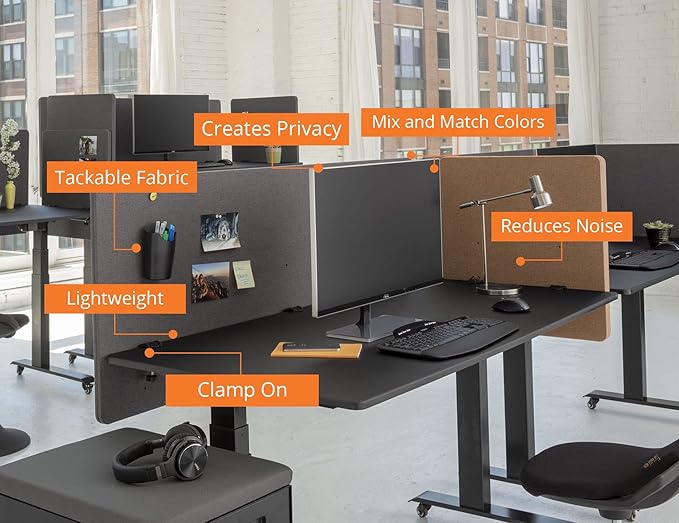 Stand Up Desk Store ReFocus Clamp-on Acoustic Desk Divider Privacy Panel That Reduces Noise and Visual Distractions (Ash Gray, 59" x 23.6")