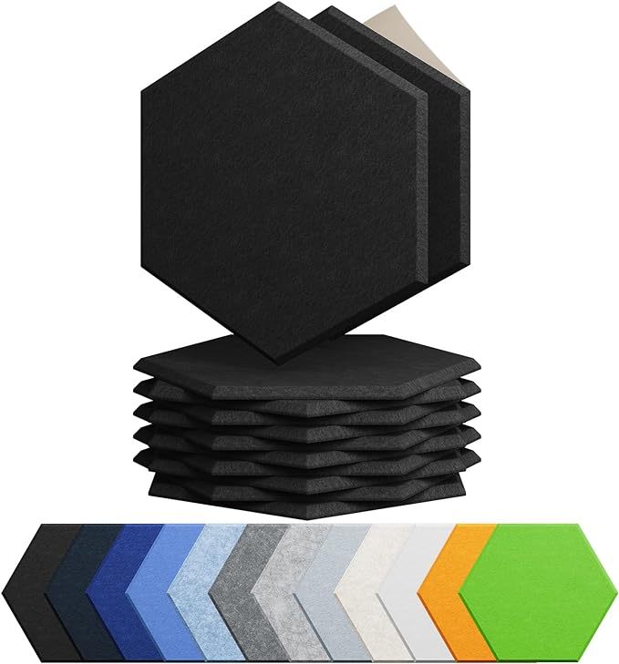 Amantech 12 Pack Acoustic Panels Self Adhesive Sound Proof Foam, High Density Sound Acoustic Foam Panel, 12X10.23X0.4 Inch Hexagon Wall Panels in Home,Office,Reccording Room,Studio(Black)
