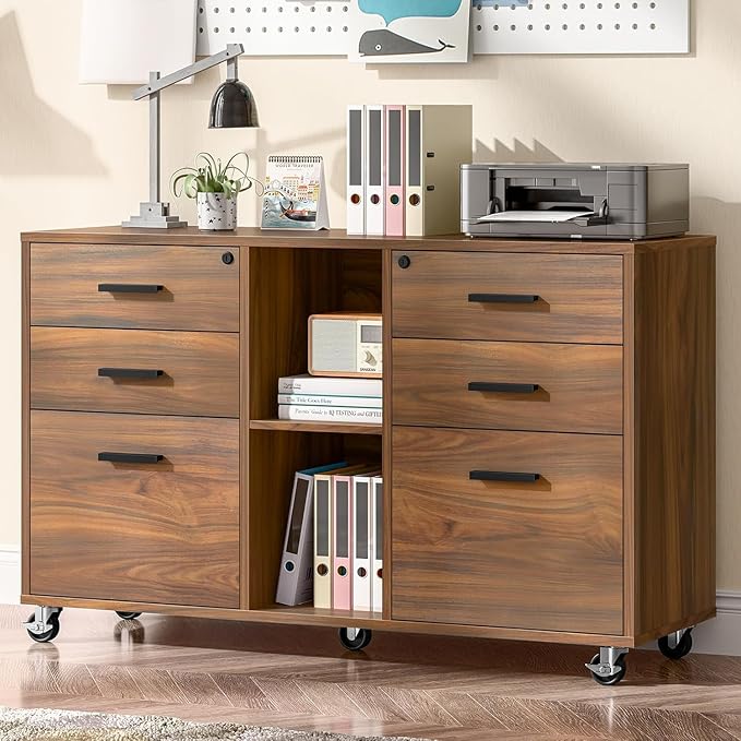 Lateral File Cabinet with Lock, Large Mobile Storage Filing Cabinet with 6 Drawers Fits Files Letter/A4 Size, Rolling Printer Stand with Open Storage Adjustable Shelf for Home Office, Brown