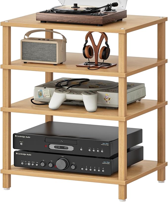 4-Tier AV Media Player Stand, Natural Stereo Cabinet, Modern Audio Shelf, Wooden TV Stand,Game Console Shelf, Multifunctional Entertainment Center, Suitable for Home, Conference Room, Game Studio