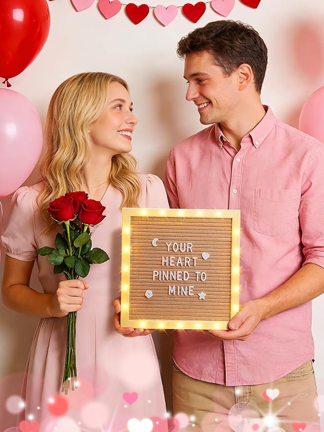 Changeable Felt Letter Board with LED Lights - 10×10" Message Custom Signs & Wood Stand & 450 Letters, Poster Board for Valentine's Day/Baby/Pregnancy Announcement/Classroom Wall Decor Gifts, Camel