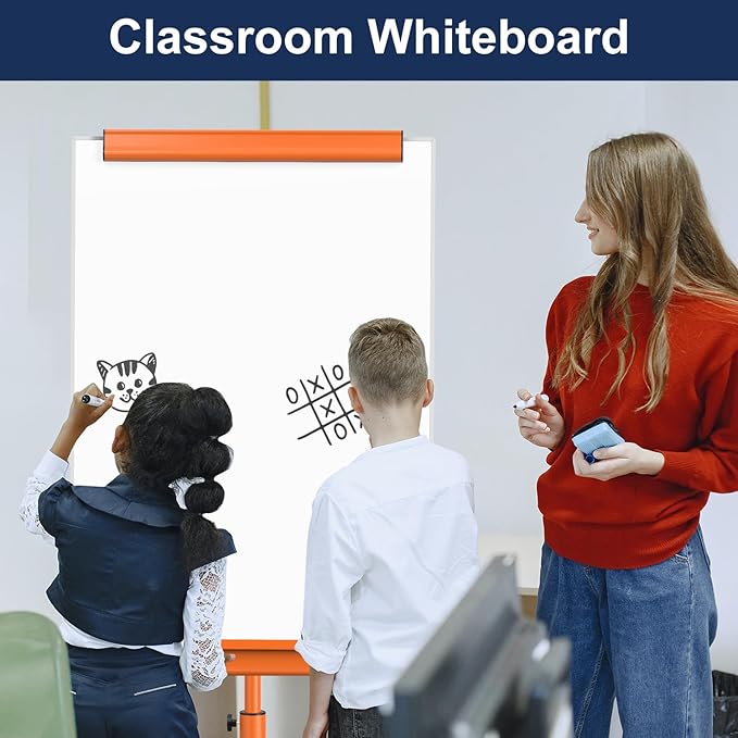 TSJ OFFICE Rolling Whiteboard Standing - 40 x 26 Inches Magnetic Mobile White Board with Stand, Height Adjustable Dry Erase Board on Wheels with Paper Clamp on Top, Orange