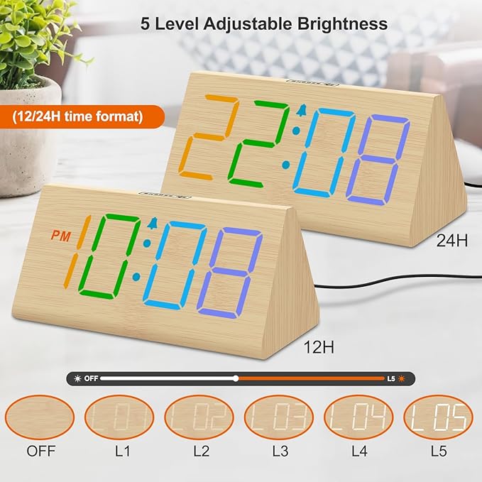 DreamSky Wooden Digital Alarm Clock for Bedroom - RGB Electric Desk Clock with Large Numbers, USB Port, Loud Alarm for Heavy Sleepers, Dimmer and Volume Control, Snooze, Wood Décor, Adapter Powered