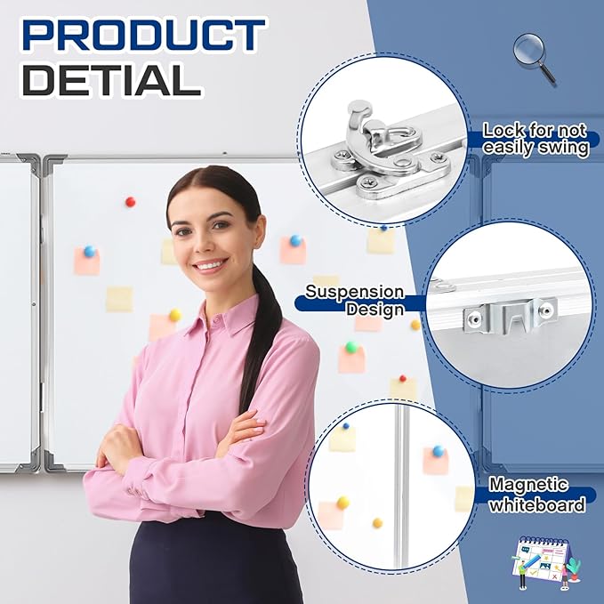 72" x 24" Foldable Whiteboard Dry Erase Board Large Tri Folding Whiteboard Magnetic Dry Erase Board, Wall Aluminium Frame and Flip Out Pen Tray for Office, Home