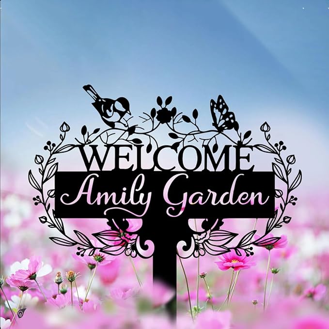 Custom Metal Garden Sign | Customized Butterfly Bird Garden Name Sign | Personalized Garden Signs | Metal Yard Sign Stakes | Personalized Metal Signs for Outdoors | Metal Signs Customized