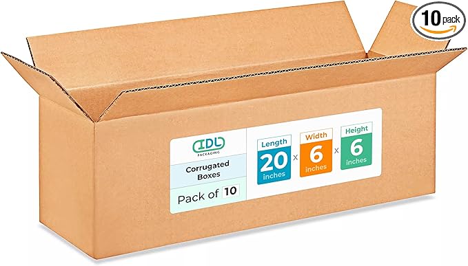 Long Shipping & Moving Boxes 20x6x6 inches (10-Pack) - Extra Strength 200 lb vs Regular - Corrugated Strong Boxes for Packaging Moving - Packing Box for Moving - Cardboard Box by IDL Packaging