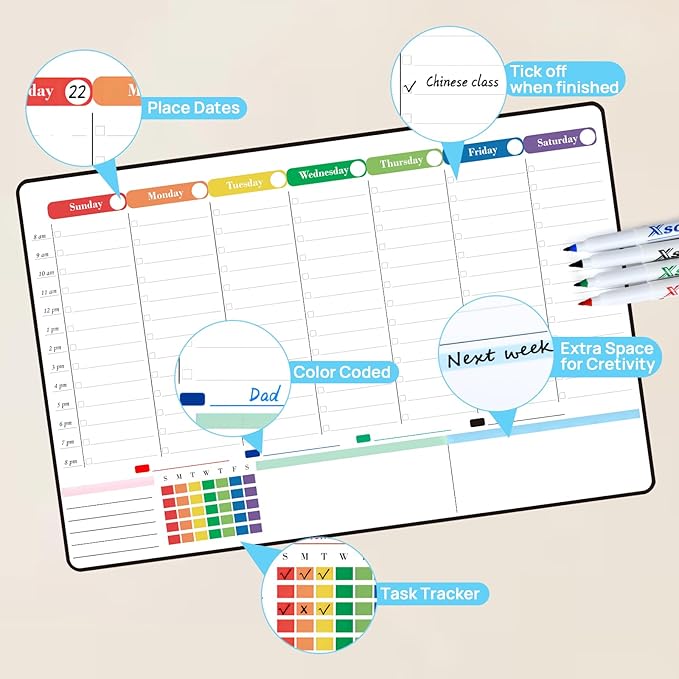 POPRUN Dry Erase Board Magnetic Weekly Calendar Whiteboard for Fridge, 16.5"x11"Schedule Board for Kids, Weekly Planner Whiteboard with Hourly Time Slots Perfect as Planner Board for School and Family