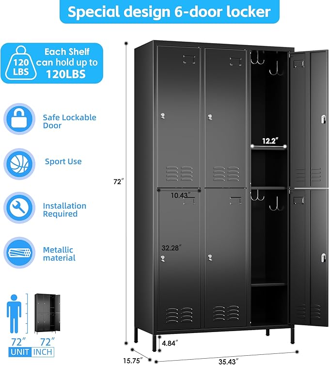 SUPEER 6 Doors Metal Locker for Employees with 18 Hooks and Business Card Holder,Metal Locker with Ventilation Holes for School Garage Office Gym Home,Assembly Required,Black