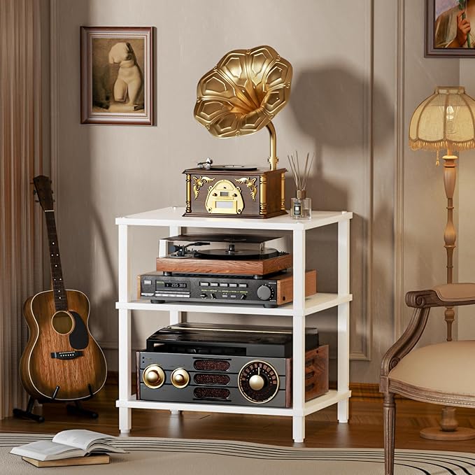 3-Tier AV Media Player Stand, white Stereo Cabinet, Modern Stereo Cabine,Game Console Shelf,Wooden TV Stand,Multifunctional Entertainment Center, Suitable for Home, Conference Room, Game Studio