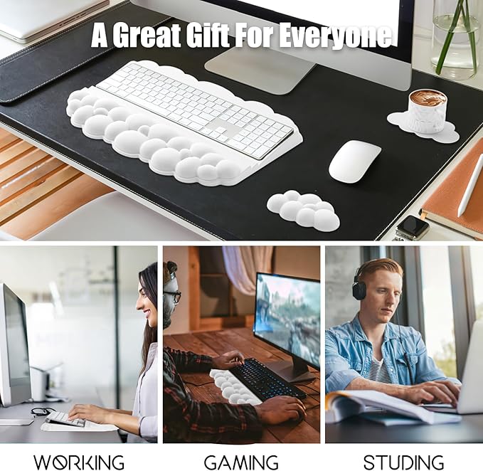 Ergonomic Wrist Rest for Keyboard and Mouse, Soft Memory Foam Cloud Keyboard Stand Pad with Wrist Rest Set, Easy Typing, Pain Relief, Comfort for Office, Work, Gaming - White