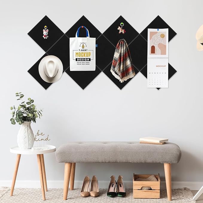Smarpau Large Cork Board for Walls, 12 Pack Square Bulletin Board, 48"x36" Pin Board with Pushpins Removable Security Stickers, Felt Wall Tiles for Office Home Decoration-Black