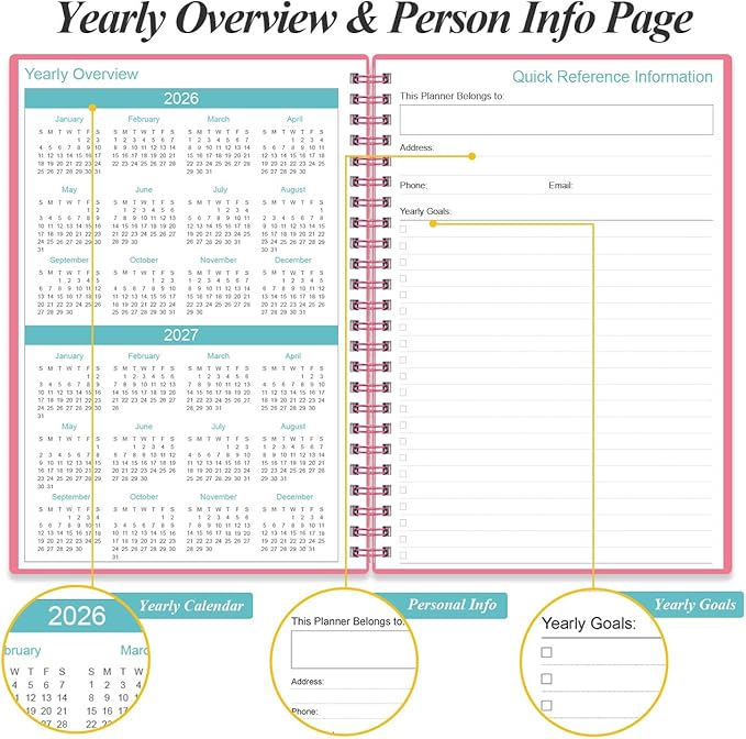 2026-2027 Planner - 18 Months Weekly & Monthly Planner from January 2026 - June 2027, Spiral Planners 2026-2027 with Elastic Closure, Inner Pocket, Medium 5.8" x 8.3", Pink