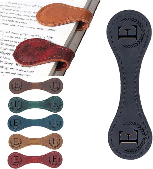 Personalized Magnetic Leather Bookmark, 26 Letters Custom Leather Bookmarks, Handmade, Leather Magnetic Bookmark for Book Lovers Readers Women Kid(Black，E）
