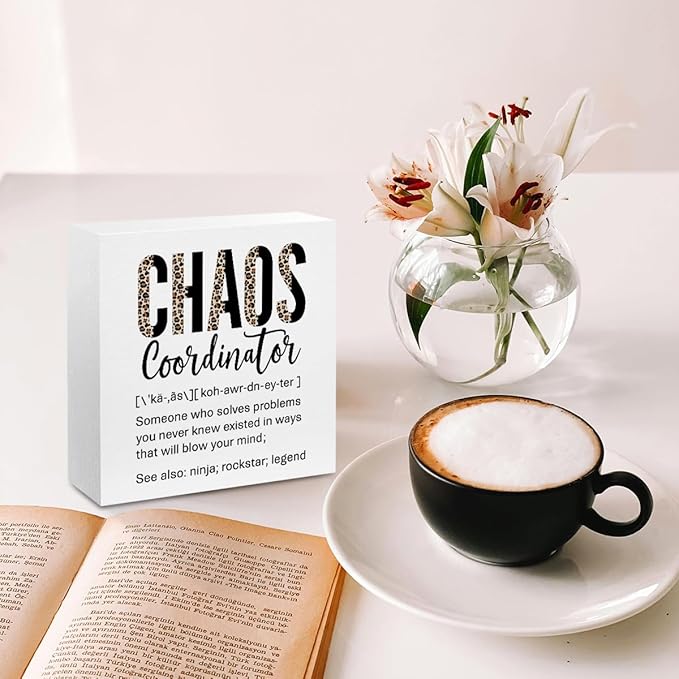 Funny Chaos Coordinator Gifts Office Decor, Leopard Chaos Coordinator Wooden Box Sign, Thank You Gifts, Home Farmhouse Table Shelf Desk Decor Accessories, Appreciation Gifts for Coworkers Colleague