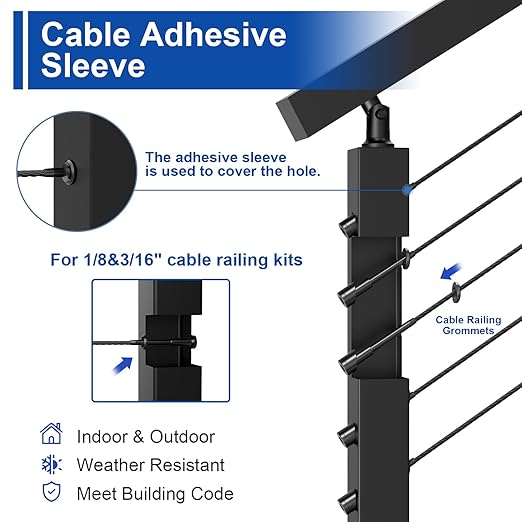 BLIKA 20Pack Black Cable Railing Adhesive Sleeves for 1/8" 5/32" 3/16" Wire Rope Cable, T316 Stainless Steel, 2.8mm Thickness Cable Railing Protector Adhesive Sleeves for Deck Stair Cable Railing Kits