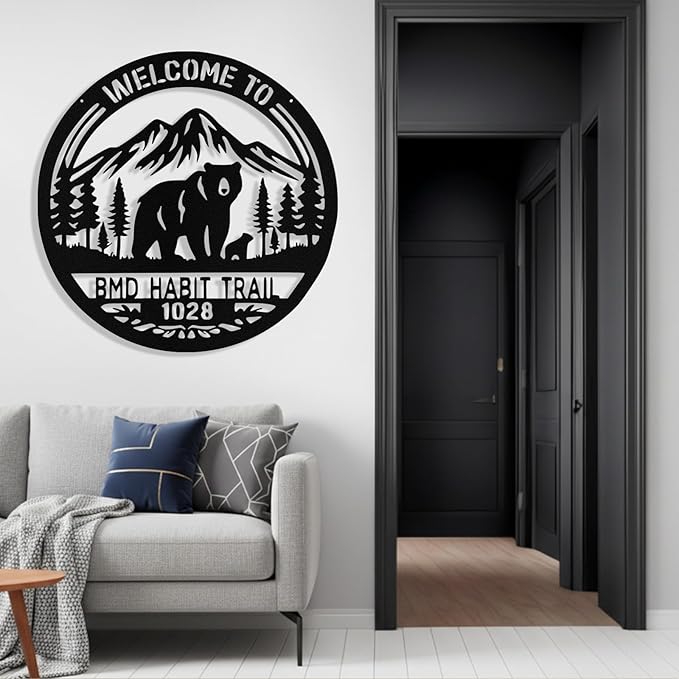 Custom Bear Metal Sign, Personalized Metal Address Signs Plague for Houses, Personalized Last Name Welcome Signs for Home, Rustic Farmhouse Home Porch Yard Decor