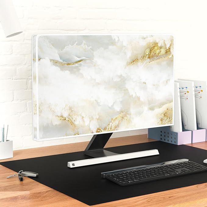 Baocicco White Gold Waterproof TV Display Screen Cover with Abstract Texture Marble Design 55 Inch Television Covers Sleeve Compatible with LCD LED PC Desktop and Home Hanging TV
