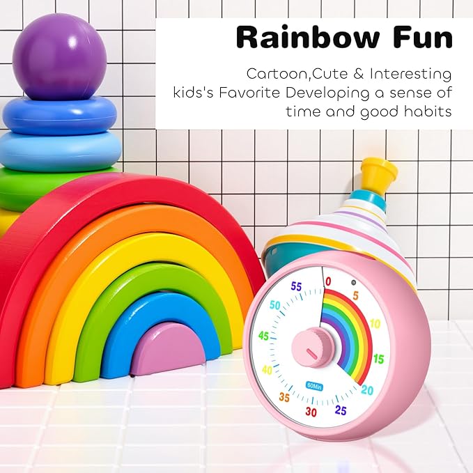 Visual Timer for Kids, 60-Minute Countdown Timer for Classroom Office Kitchen, Desk Timer Kids Time Management Tools with Silent Operation, Pomodoro Time Rainbow Pattern (Pink)