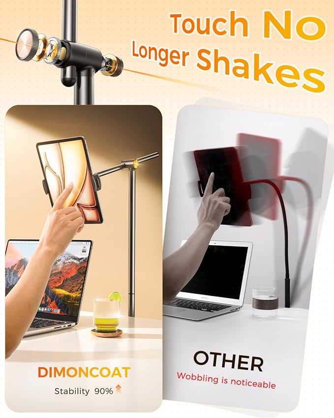 DIMONCOAT [Height-Adjustable & 360° Rotation Tablet Floor Stand Stable Base, Aluminum Alloy iPad Stand Floor Holder for iPad Mini Air Pro 12.9/9.7, Monitor, Kindle, iPhone 16, Cell Phones (4.7"-15.6")