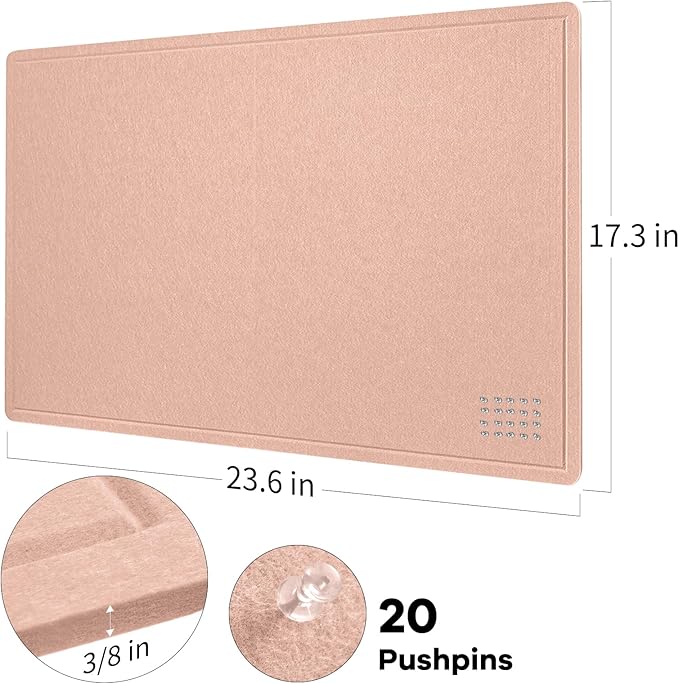 Bulletin Board, 24 x 18 inches Felt Board Decorative Pin Board, Cork Board Alternative for Wall, Foldable Photo Board Self-Adhesive Vision Board Mood Board with 20 Pushpins - Mauvey Pink