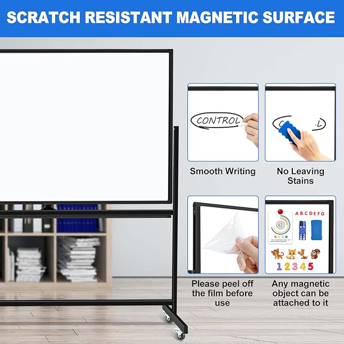 Max-officoo Large Dry Erase White Board with Rolling Stand 72"x48" Double-Sided Mobile Magnetic Whiteboard on Wheels, Including 3 Magnetic Erasers, 7 Markers, 30 Magnets
