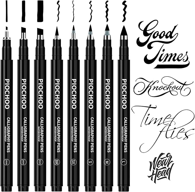 Piochoo Calligraphy Pens,8 Size Calligraphy Pens for Writing,Brush Pens Calligraphy Set for Beginners, Hand Lettering Pens