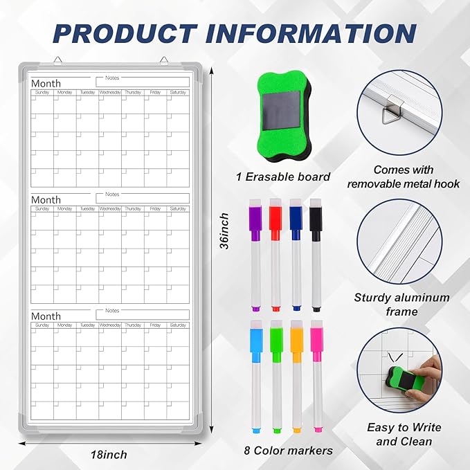 Lincia 36" x 18" Double Sides Dry Erase Calendar for Wall Undated Dry Erase Calendar Planner Aluminum Frame Whiteboard for Home School Office Projects Wall Fridge