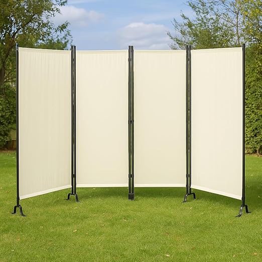 Proman Products - Galaxy 4 Panel Section Privacy Folding Screen Divider, Water Repellent Fabric Room Divider with Black Powder Coated Metal Frame for Indoors or Outdoors (Beige)