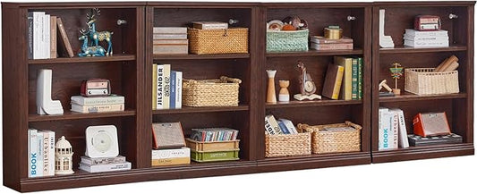 RWYHG 43" Walnut Tall Bookshelf Set of 4,3-Tier Thick Wooden Book Shelf with Adjustable Shelves,Free Standing Farmhouse Bookcase with Open Display Storage,Floor Vintage Bookshelves for Living Room