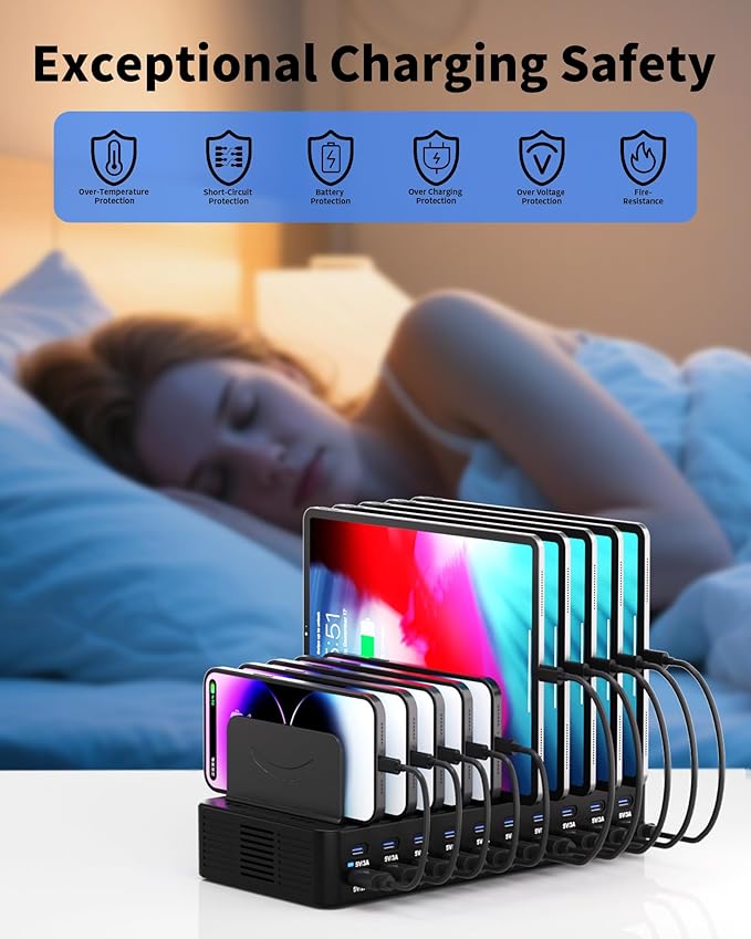 270W Charging Station for Multiple Devices, 20-Port USB Fast Charging Station with Adjustable Dividers & 10 Cables, Multi Device Organizer Charging Dock for iPhone, iPad, Tablets & More