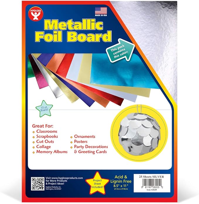 Hygloss Metallic Cardstock Sheets – 25 Shiny Silver Sheets, 8.5” x 11” - Sturdy 10 pt. – Metallic Foil Board Paper for Crafts, Scrapbooking, Posters & Decorations