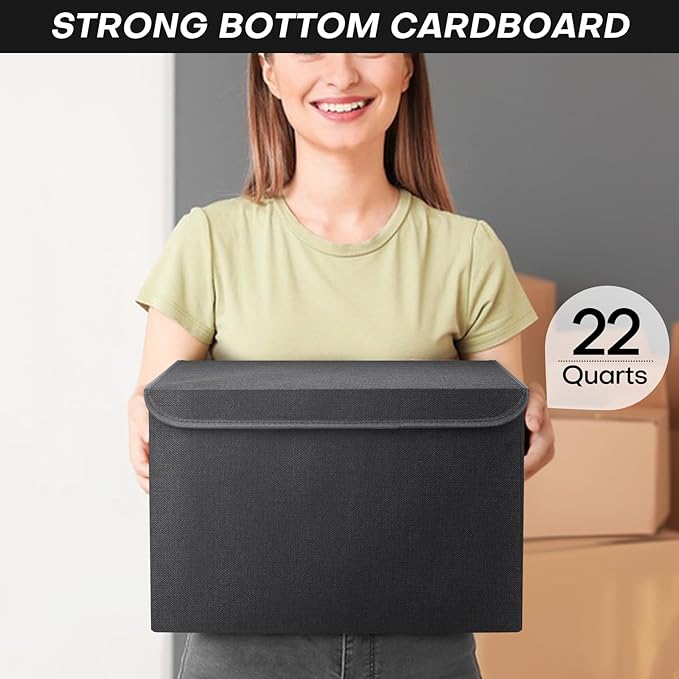 Bagnizer Large 22 Quart Linen Fabric Foldable Storage Bin Cube Organizer Basket with Flip-Top Lid & Handles, Clothes Blanket Box for Home, Office, Closet, Black, 4 Pack 14.6 x 9.5 x 9.5”