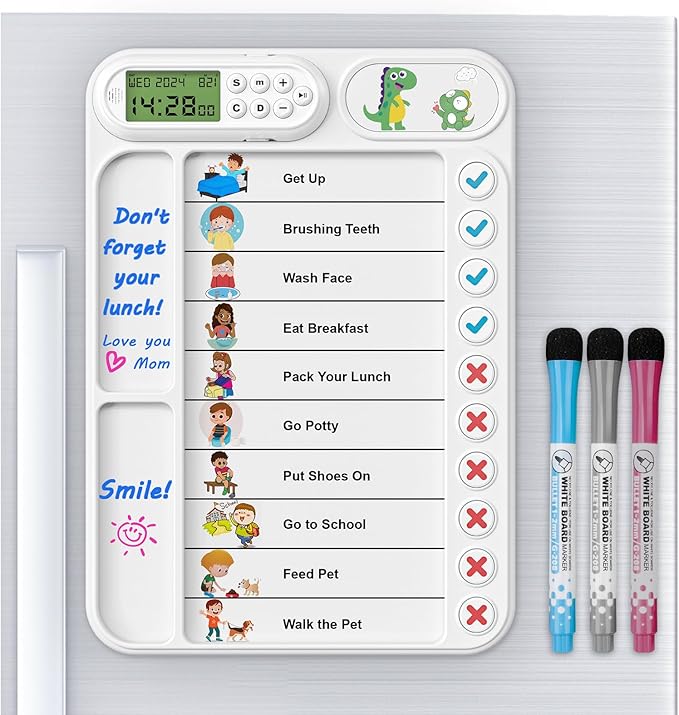 Magnetic Chore Chart for Kids with Alarm Clock, Dry Erase ADHD Task Tracker Easy-Check Routine Board to Do List Planning Tool with Stand, 3 Markers for Fridge/Desk/Home/School