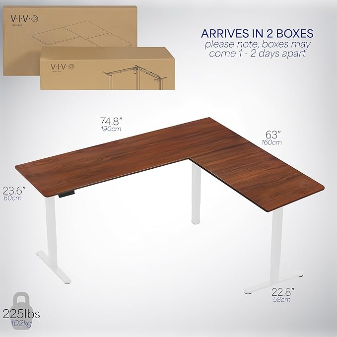 VIVO Electric Corner 75 x 63 inch L-Shaped Standing Desk, Memory Height Adjustment, Dark Walnut Top White Frame, DESK-E3CTWD-75