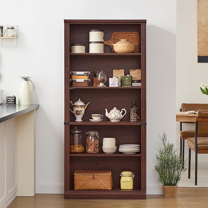 RWYHG 70" Walnut Tall Bookshelf,5-Tier Thick Wooden Book Shelf with Adjustable Shelves,Free Standing Farmhouse Bookcase with Open Display Storage,Floor Vintage Bookshelves for Living Room,Office