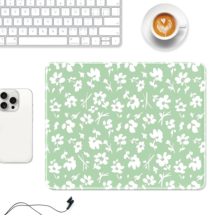 Auhoahsil Mouse Pad, 12 x 10 in Simple Flower Theme Computer Mouse Pad for Desk, Premium-Textured Non-Slip Rubber Stitched Edges Waterproof Square Mouse Mat for Gaming Work Wireless Mice, Green