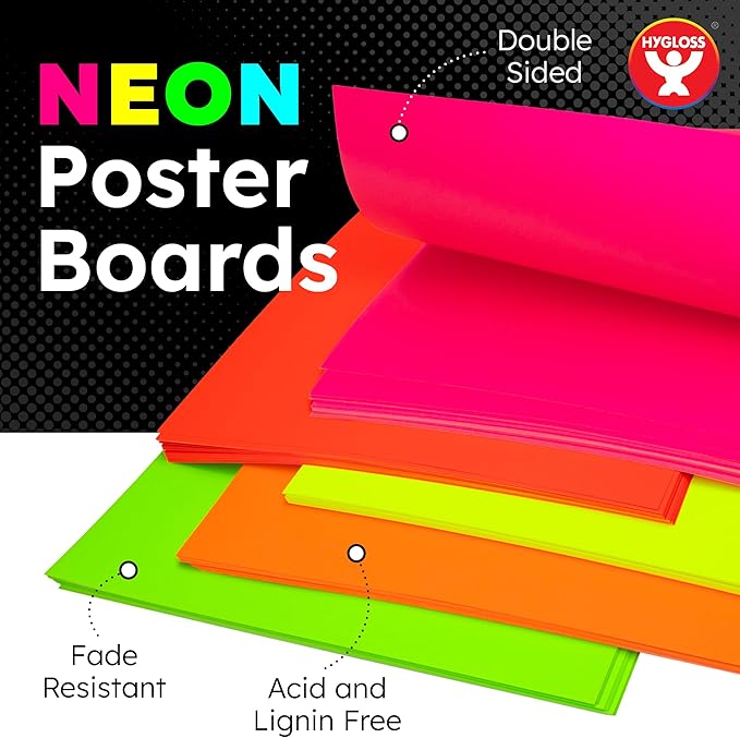 Hygloss Large Poster Board 22x28 - 100 Assorted Neon Color Poster Boards Bulk Pack - 10 Pt. Thickness Colored Poster Board Paper for Projects, Signs, Displays, Crafts - Posterboard Multipack 22" x 28"
