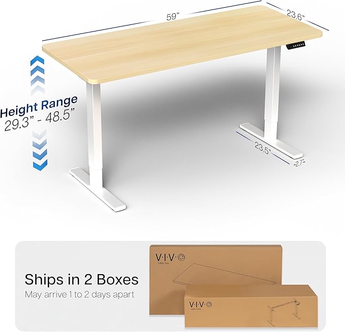 VIVO Electric 60 x 24 in Standing Desk, Memory Height Adjustment, 1B Series, Holds 220 lbs, One-Piece Light Wood Top, White Frame, DESK-KIT-1W6C