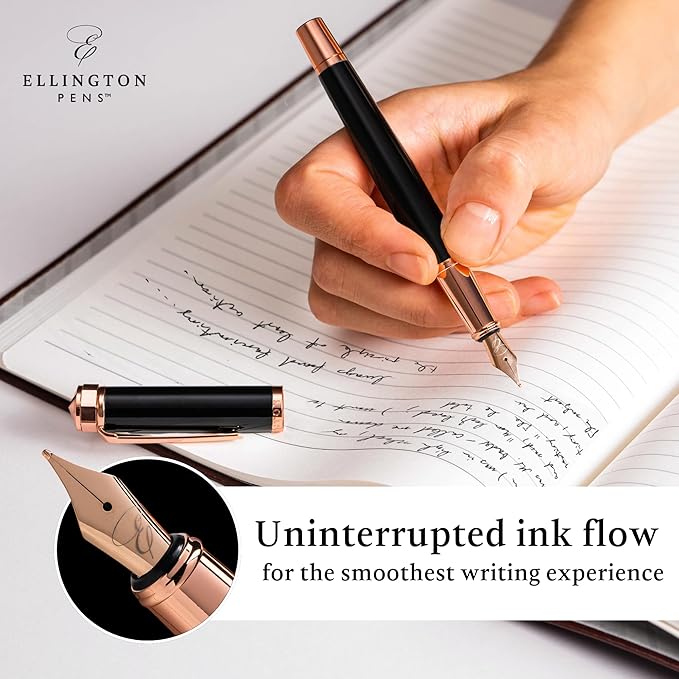 Ellington Pens Luxury Fountain Pen Set - Smooth Medium Nib- Includes 3 Ink Cartridges, Refillable Ink Converter, Gift Box- Fountain Pens For Writing, Calligraphy, Journaling, Sketching (Midnight Rose)