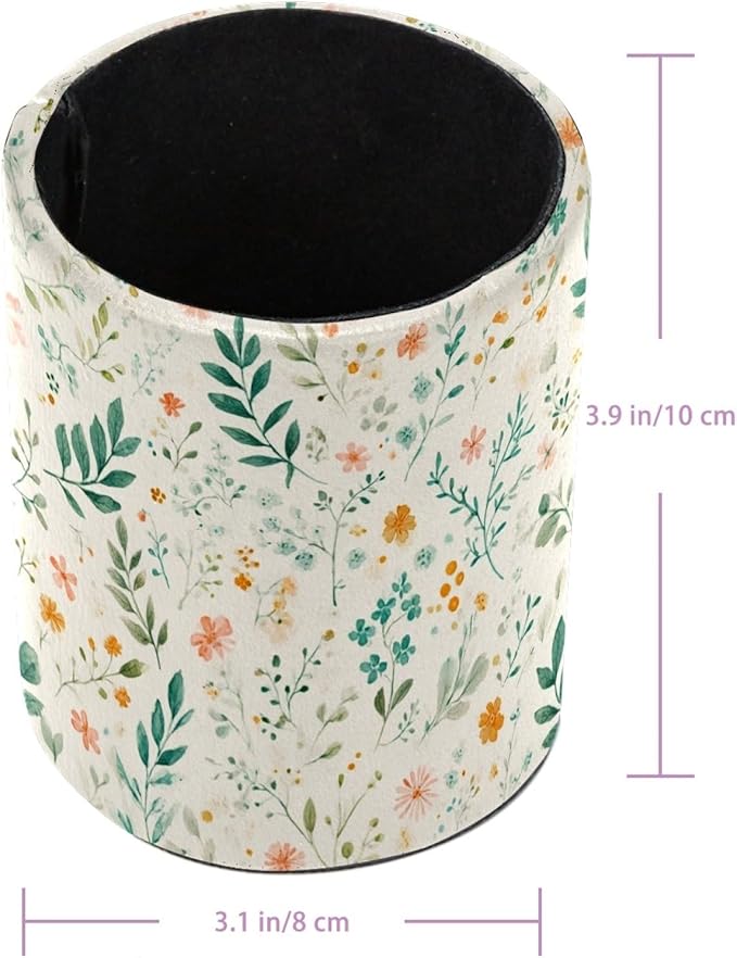 Leather Pen Holder for Desk Floral Leaf Pencil Cup Desktop Organizer Makeup Brush Holders Office Supplies for Home, Kids & School