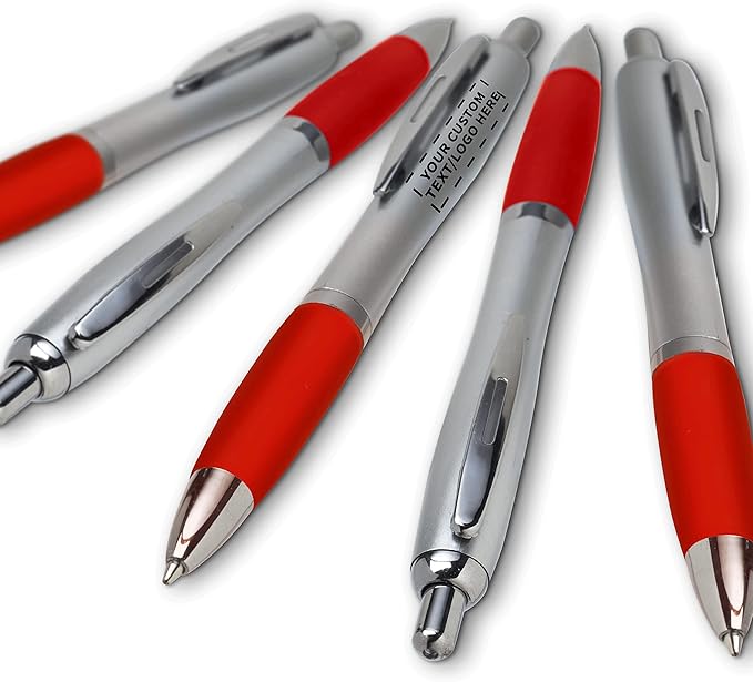 DISCOUNT PROMOS Personalized Ballpoint Pens With Rubber Grip, 100 pack Customizable Ergonomic Click-to-Write Custom Writing Pens for School with Black Ink, Red