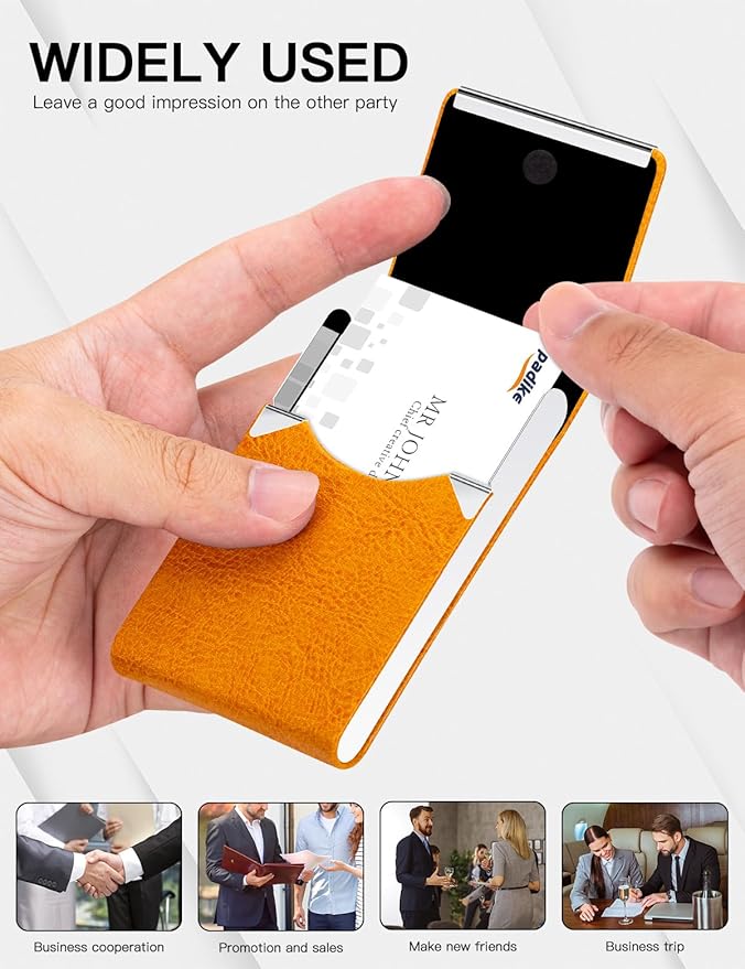 Padike Professional Business Card Holder PU Leather Business Card Case Name Card Holder Slim Metal Pocket Card Holder with Magnetic Shut (Z-Orange)